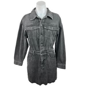 FORE Black Denim Button Up Collared Long Sleeve Jean Chambray Mini Dress Sz M